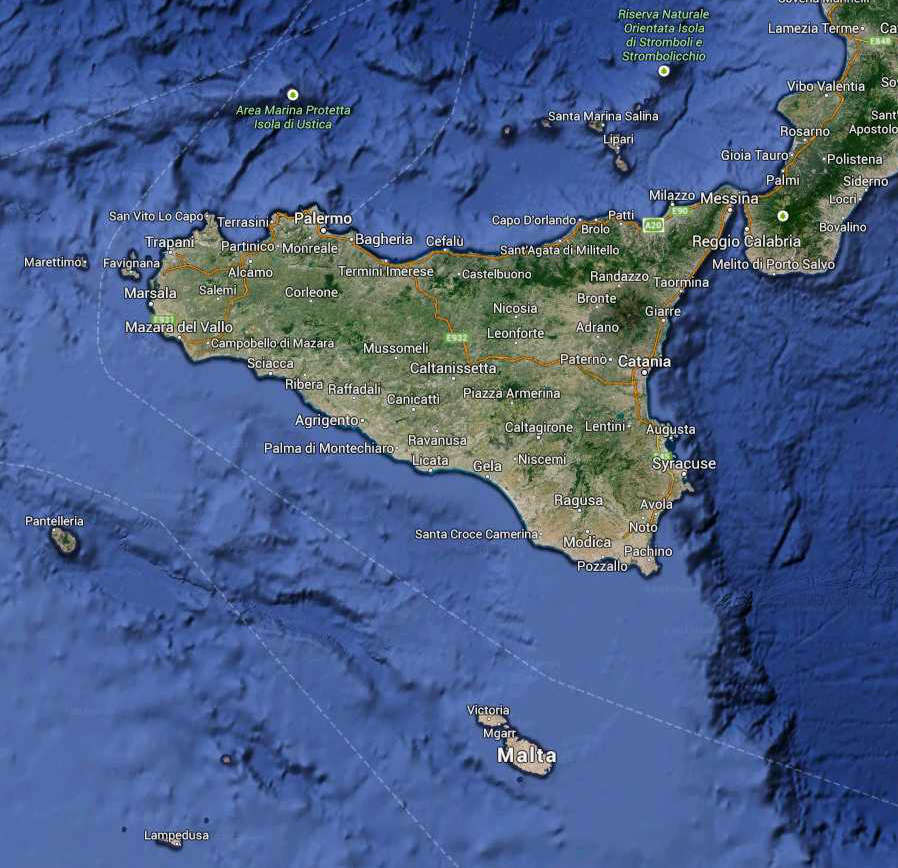 Sicily Regione South Italy Map (Kindly in use by Google Maps)