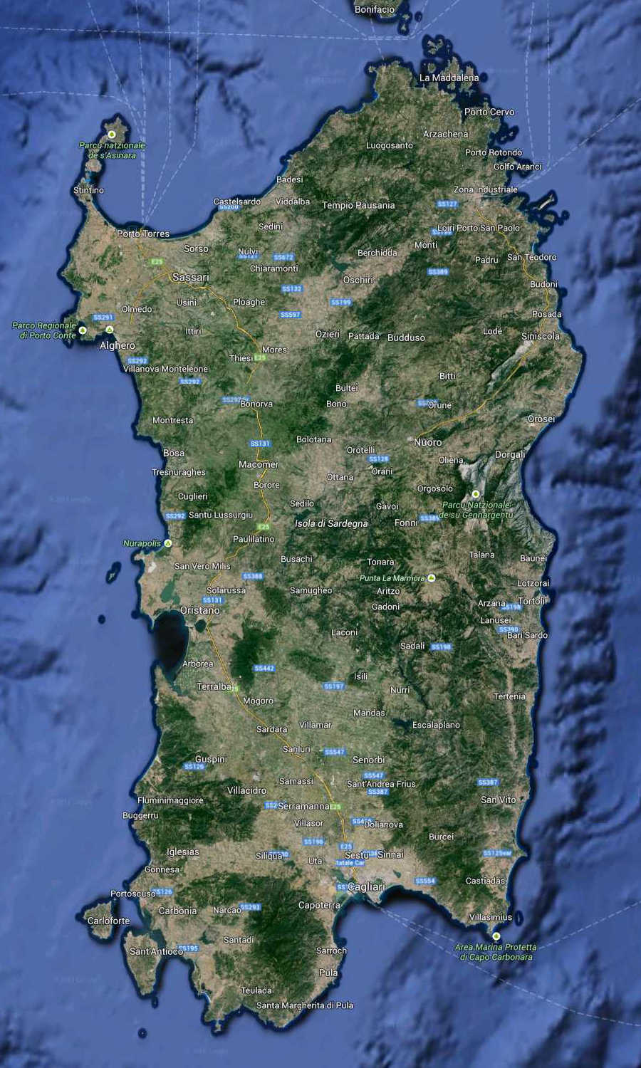 Sardinia Map South Italy (kindly in use by GoogleMaps)